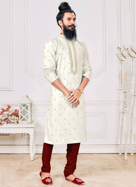 Off White Colour Exclusive Festive Wear Poly With Embroidery Kurta Pajama Mens Collection RYN-KP-7